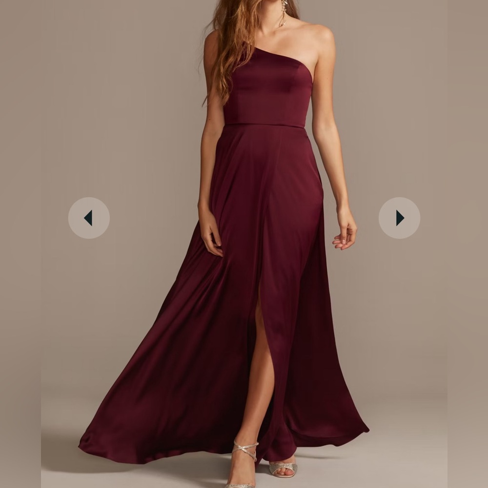 David's Bridal Celebrate DB Studio Style F20099 Wine Satin One-Shoulder Gown
